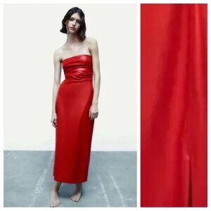 Zara Red Faux Leather Midi Strapless Dress